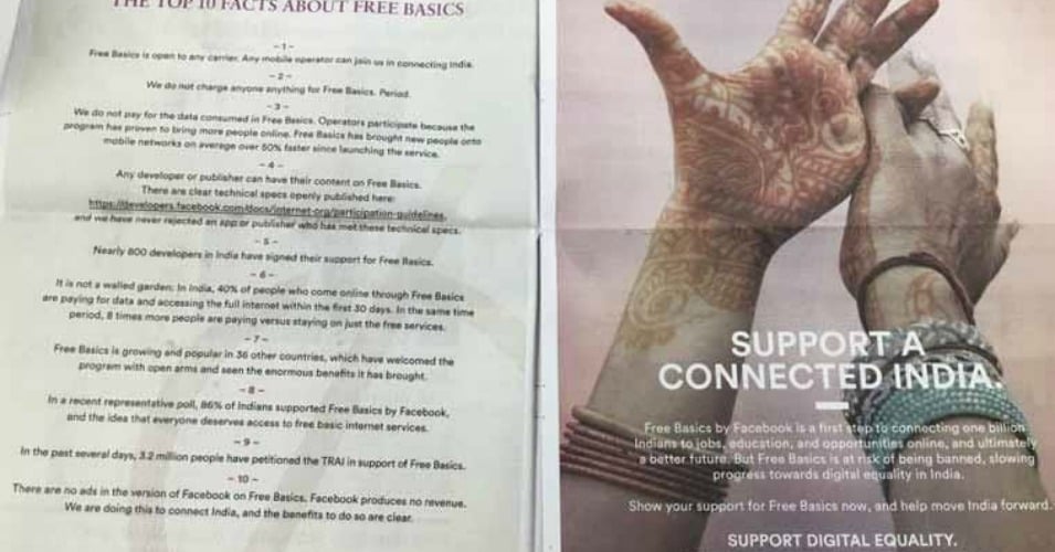 An advertisement for Facebook's Free Basics internet service. It reads, "What Net Neutrality Activists Won't Tell You."