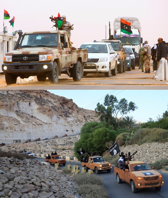 Images: Libya's so-called freedom-fighting "moderates" literally just repainted their trucks after NATO's 2011 intervention, becoming ISIS' Libyan branch. The US now finds itself justifying yet another military intervention in Libya to fight the very terrorists it helped arm and put into power in 2011. 