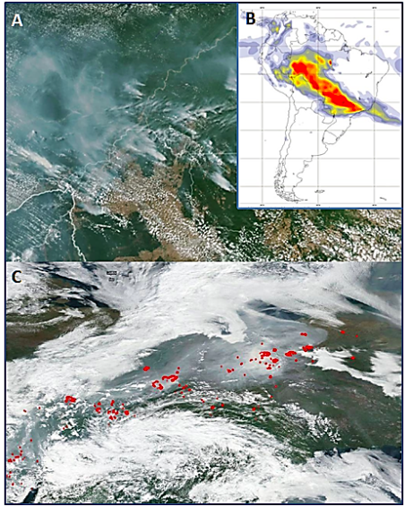 Figure 1 (A) Burning Amazon rainforest; (B) A warm smoke plume emanating from the Amazon fires; (C) The spate of Siberian wildfires from July 2019, reaching 6.4 million acres.