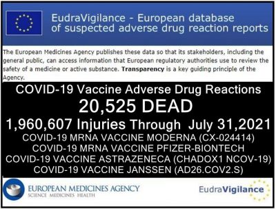 Mehr als 20.595 Tote, 1,9 Millionen Verletzte (50% davon schwer) in der Datenbank der Europäischen Union für unerwünschte Arzneimittelwirkungen bei COVID-19-Impfungen gemeldet